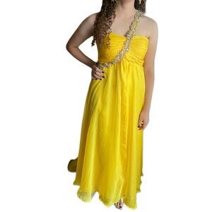 Aspeed Design Yellow Embellished Elegant Chiffon Prom Dress size Small